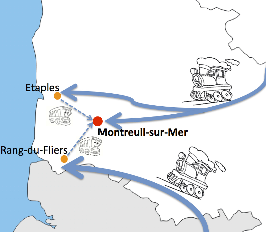 Carte montrant les différentes manières d'atteindre Montreuil-sur-Mer